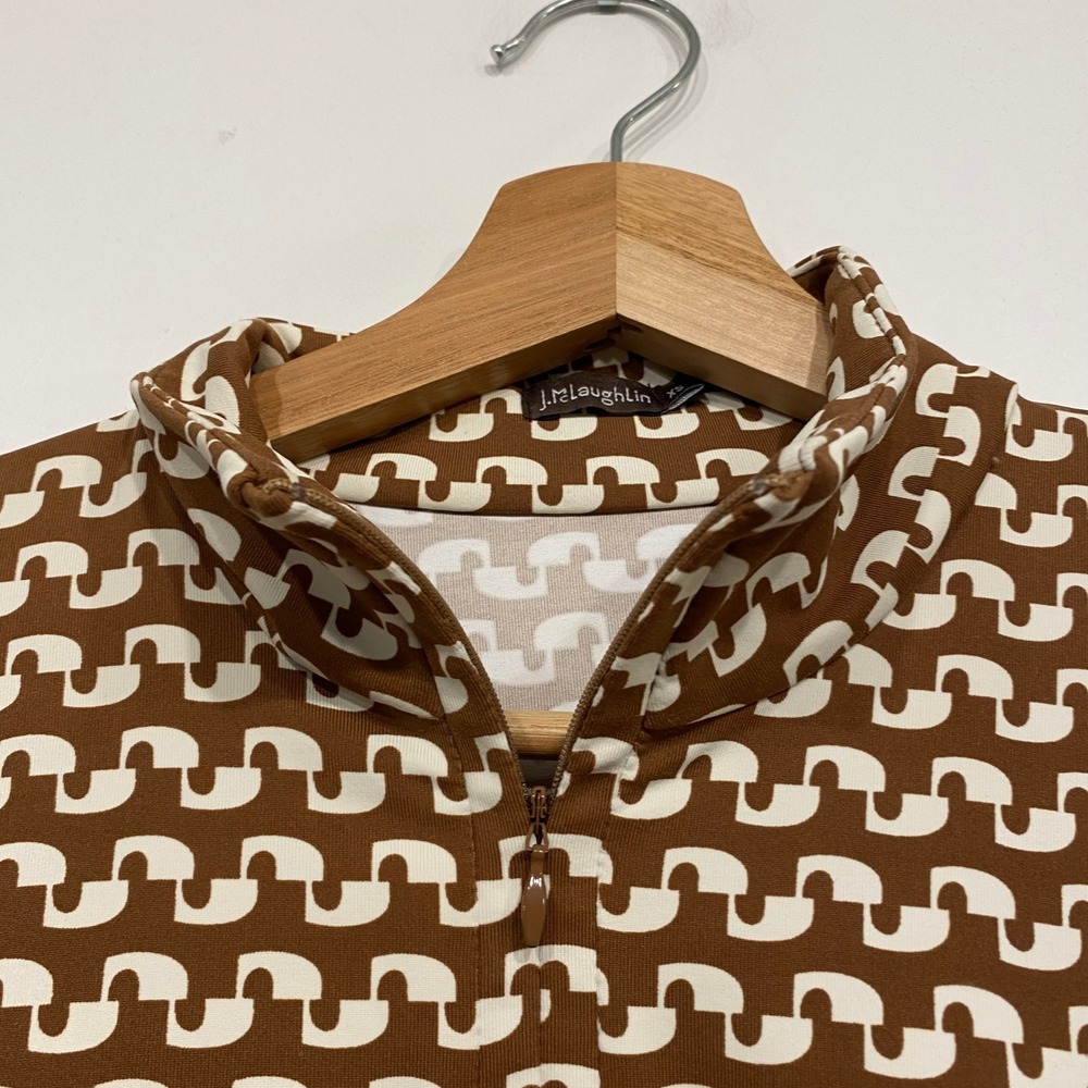 J.McLaughlin Brown Geometric Print Quarter Zip Mock Neck Top XS Long Sleeve - Picture 3 of 5